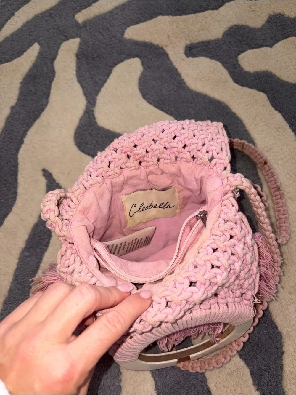 Cleobella Pink Woven Fringe Crossbody with Wooden Ring Handles